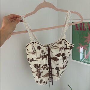 Western Print Lace Trim Corset Top